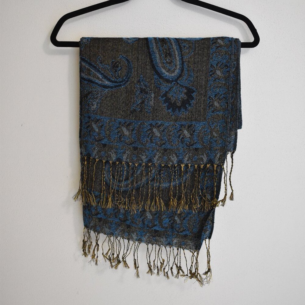 100% Luxury Cashmere Scarf or Wrap Made in Jerusalem Blue and Brass/Gold